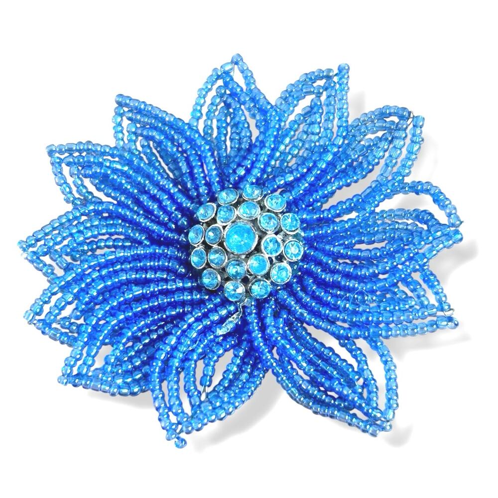 Vintage French Beaded Blue Flower Brooch Rhinestone Center Statement Pin